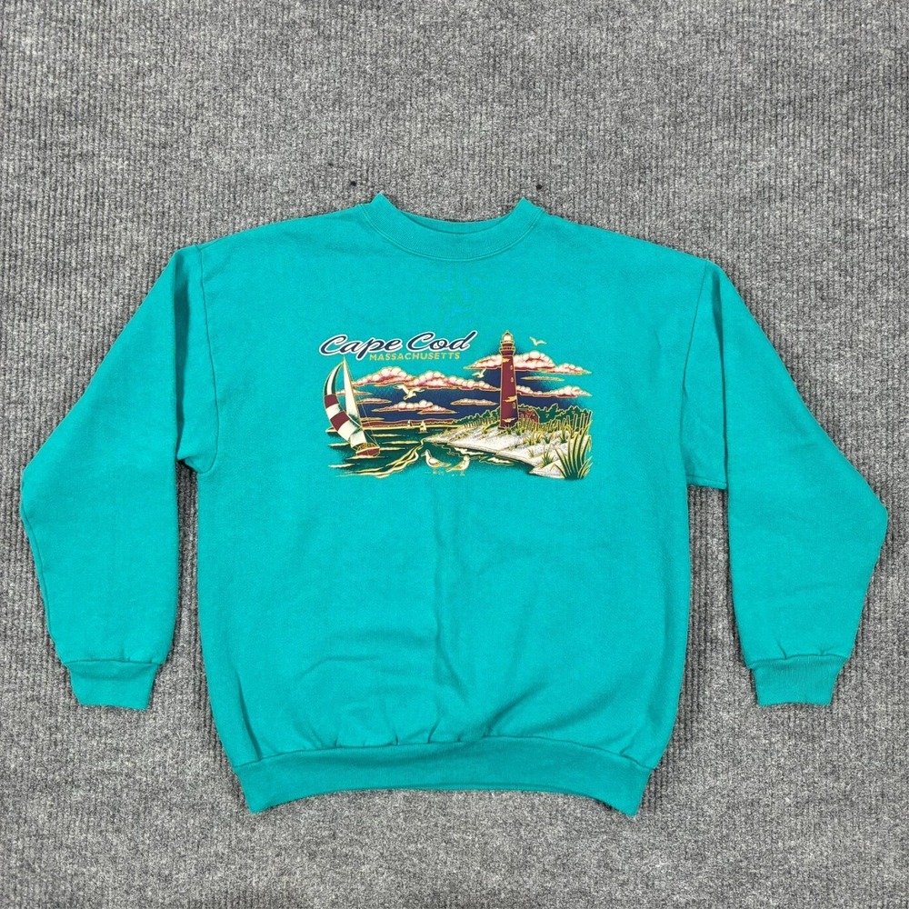 Vintage 90s Cape Cod Massachusetts Tultex Sweatshirt Large Teal Graphic Crewneck